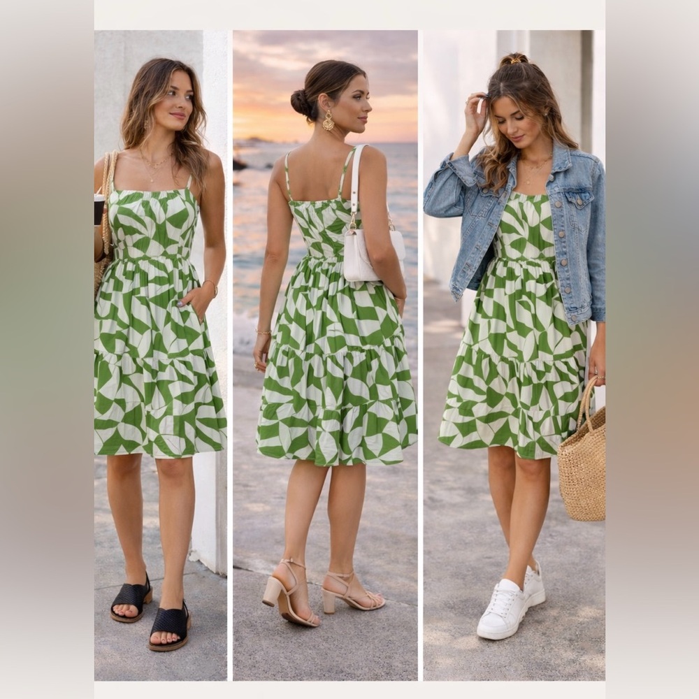 Dress midi spagetti strap  smocked dress green medium tiered summer vacation M